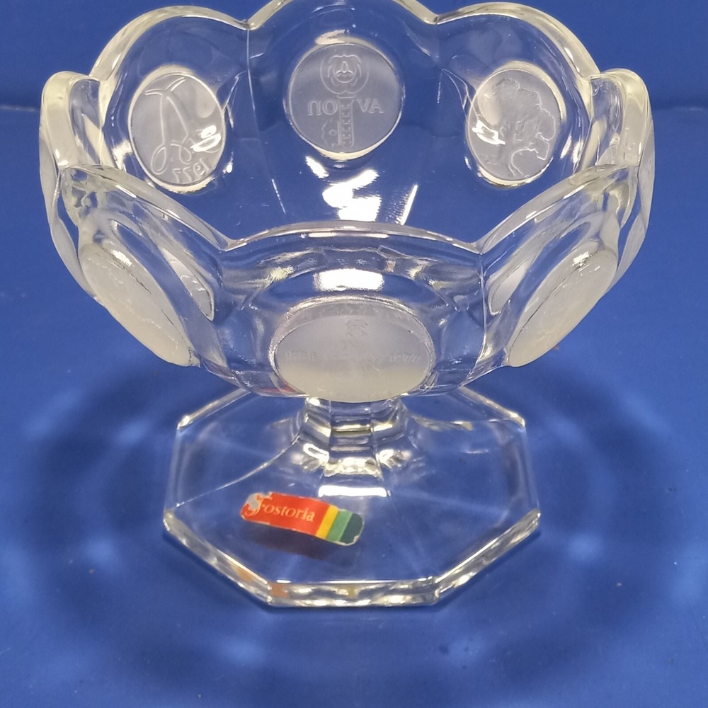 Fostoria Coin Glass Jelly Compote Avon 91st Anniversary Avon Logos